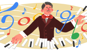 Google doodle celebrates the 141st birthday of Karol Szymanowski, an esteemed Polish composer of the early 20th century