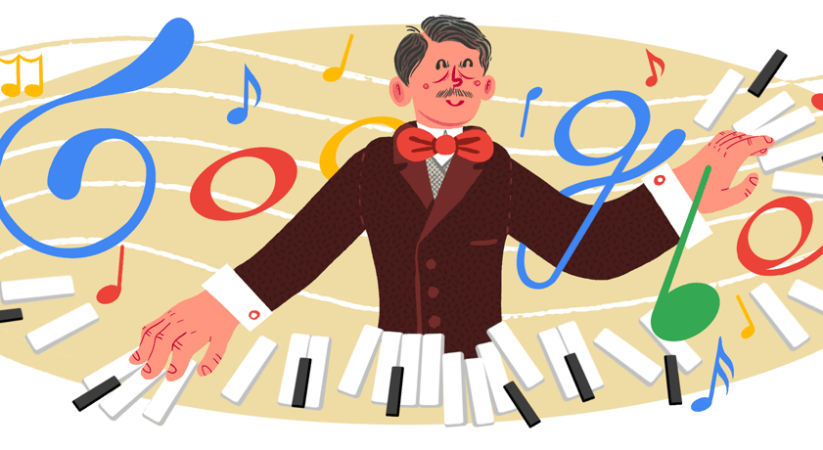 Google doodle celebrates the 141st birthday of Karol Szymanowski, an esteemed Polish composer of the early 20th century