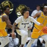 Graphic displaying the 2025 NCAA DII Men's Basketball Tournament Bracket with matchups and schedule details.