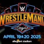 WrestleMania 41 promo poster showing Cody Rhodes and John Cena face-off at Allegiant Stadium in Las Vegas for the WWE 2025 main event.