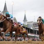 Aerial view of Churchill Downs during the Kentucky Derby 2025 with fans filling the grandstands