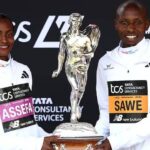 Tigst Assefa crossing the finish line at the 2025 London Marathon