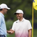 Rory McIlroy and Scottie Scheffler teeing off at the 2025 PGA Championship at Quail Hollow Club