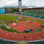 Athletes competing at Hayward Field during the 2025 NCAA Outdoor Track and Field Championships