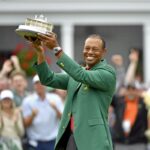 A collage of Masters green jacket winners celebrating at Augusta National