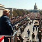Trump’s 2025 Military Parade in Washington, DC with marching soldiers and military vehicles on Constitution Avenue