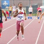 Arkansas’ Jordan Anthony crossing the finish line to win the 100M Dash at the 2025 NCAA Track and Field Championships.