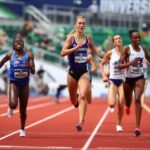 Athletes competing at Hayward Field during the 2025 NCAA Outdoor Track and Field Championships in Eugene, Oregon