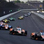 IndyCar drivers racing at Laguna Seca during the 2025 Java House Grand Prix of Monterey