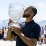 Stephen Curry teeing off at the 2025 American Century Championship celebrity golf tournament in Lake Tahoe