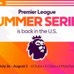 Players from Manchester United, West Ham, Everton, and Bournemouth pose with the Premier League Summer Series 2025 banner at MetLife Stadium, New Jersey.