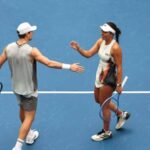 Players competing in the U.S. Open 2025 Mixed Doubles Championship at the Billie Jean King National Tennis Center in New York.